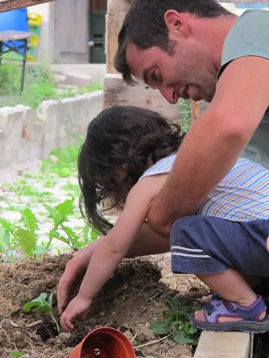Distribution de légumes au jardin, avec caisses de salades et personnes autour.